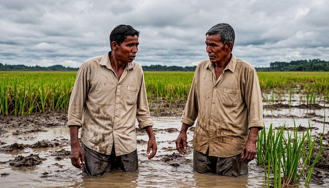 Petani memeriksa sawah yang terendam lumpur
