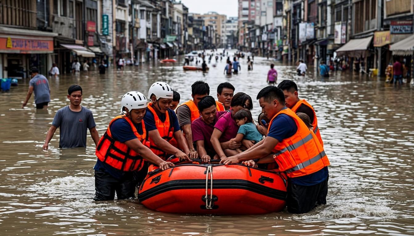 Evakuasi warga menggunakan perahu karet