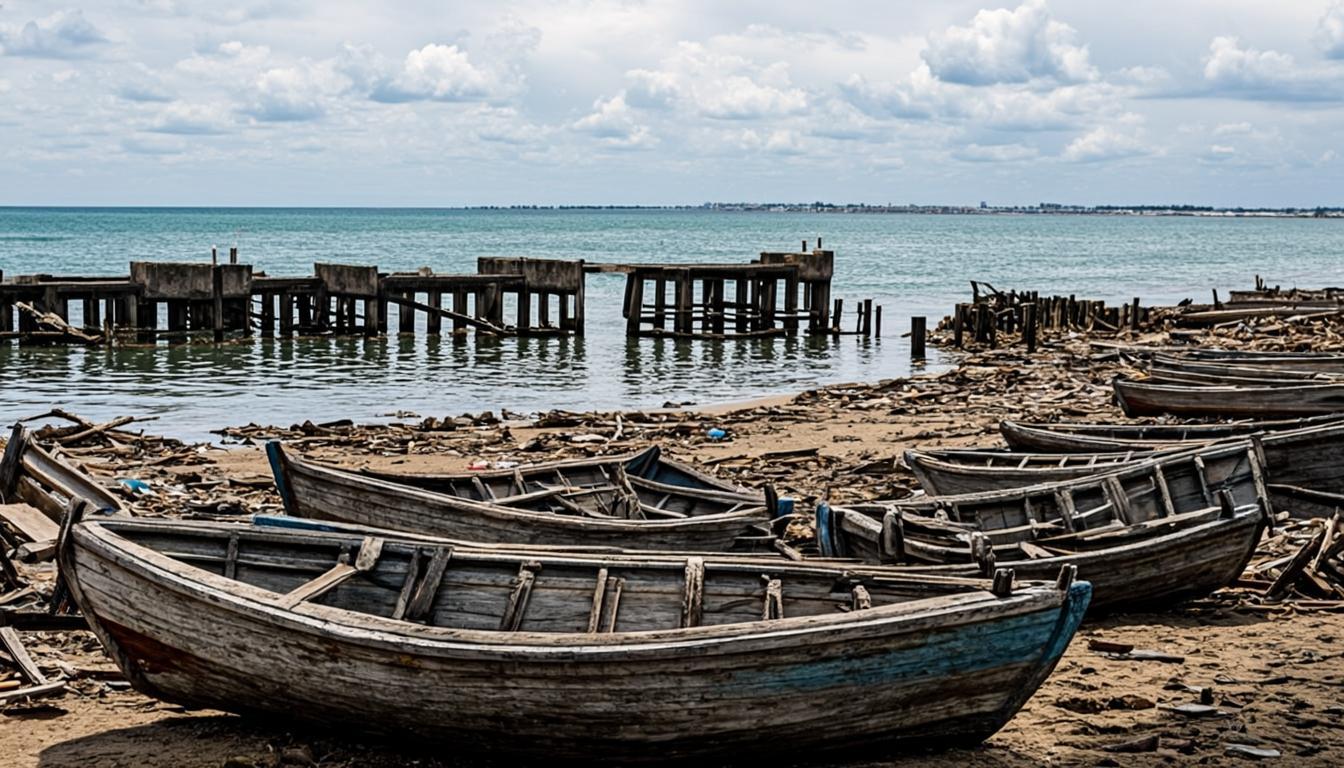 Perahu nelayan terdampar di daratan